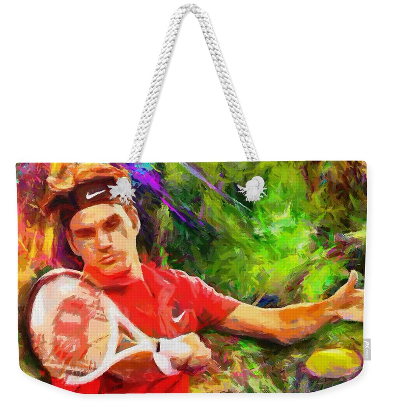 Roger Federer Paintings Weekender Tote Bag featuring the digital art Roger Federer by RochVanh