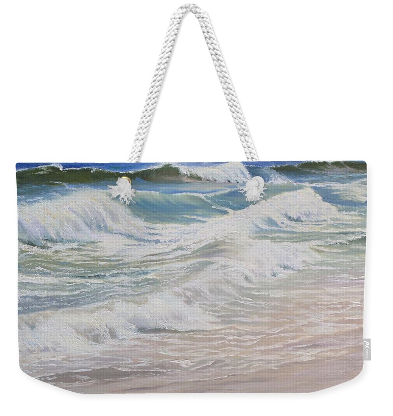 Seascape Weekender Tote Bag featuring the painting Rolling and Crashing by Lea Novak