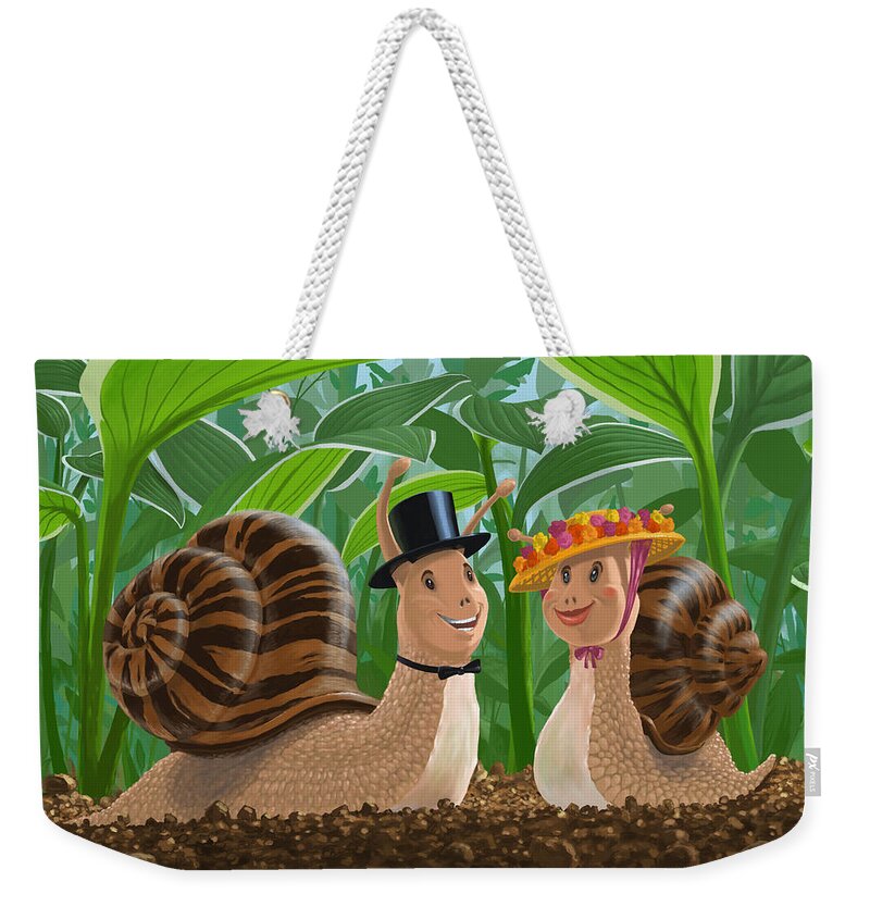 Romance Weekender Tote Bag featuring the painting Romantic Snails On A Date by Martin Davey