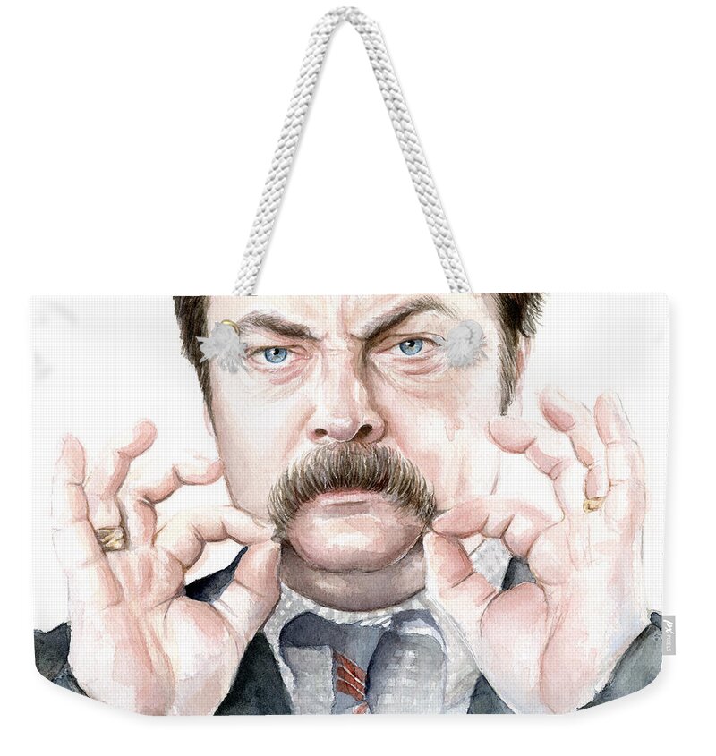 Ron Weekender Tote Bag featuring the painting Ron Swanson Mustache Portrait by Olga Shvartsur