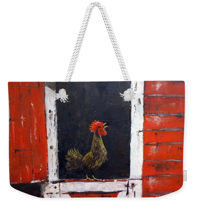 Rooster Painting Weekender Tote Bag featuring the painting Rooster In Window by Lee Piper