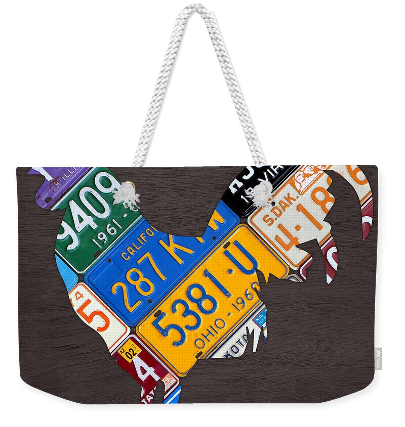 Rooster Weekender Tote Bag featuring the mixed media Rooster Recycled License Plate Art on Gray Wood by Design Turnpike