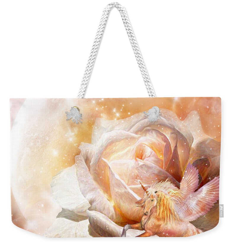 Rose Weekender Tote Bag featuring the mixed media Rose For A Unicorn by Carol Cavalaris