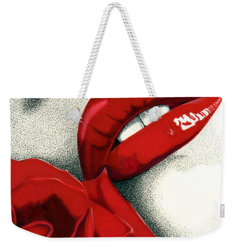 Lips Weekender Tote Bag featuring the drawing Rose of Seduction by Cory Still