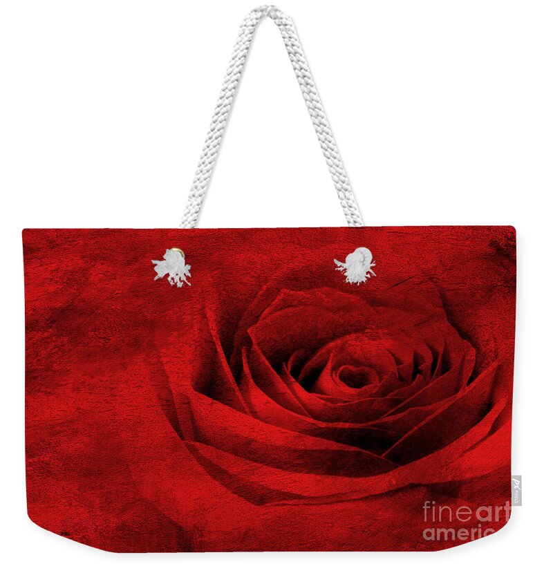 Red Weekender Tote Bag featuring the photograph Rose on Fire by Jayne Carney