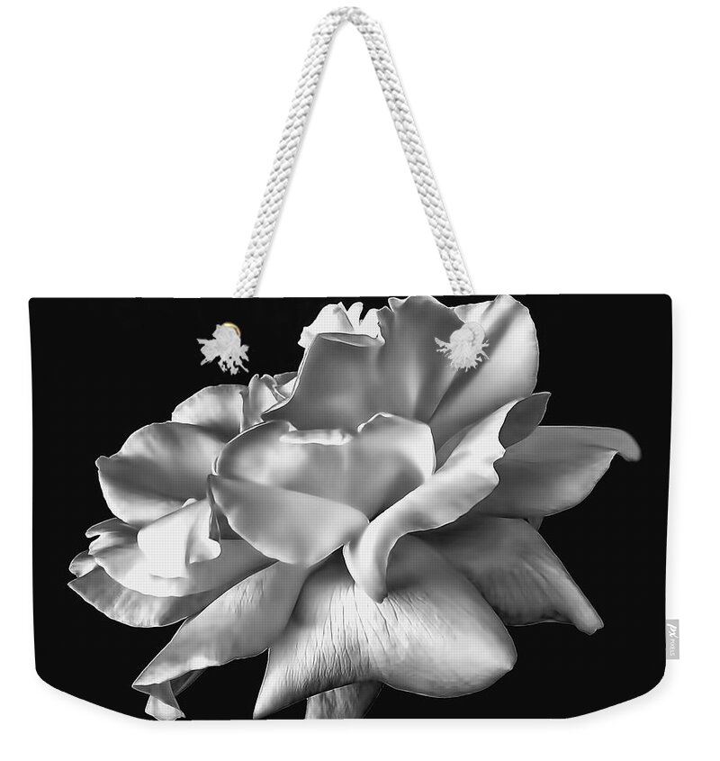 Rose Weekender Tote Bag featuring the photograph Rose Petals in Black and White by Jennie Marie Schell
