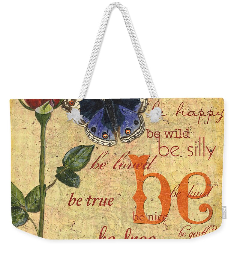 Butterflies Weekender Tote Bag featuring the mixed media Roses and Butterflies 1 by Debbie DeWitt