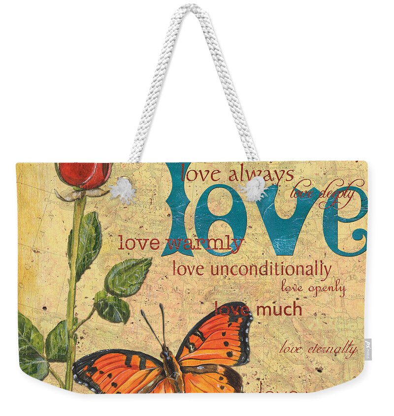 Inspirational Weekender Tote Bag featuring the mixed media Roses and Butterflies 2 by Debbie DeWitt