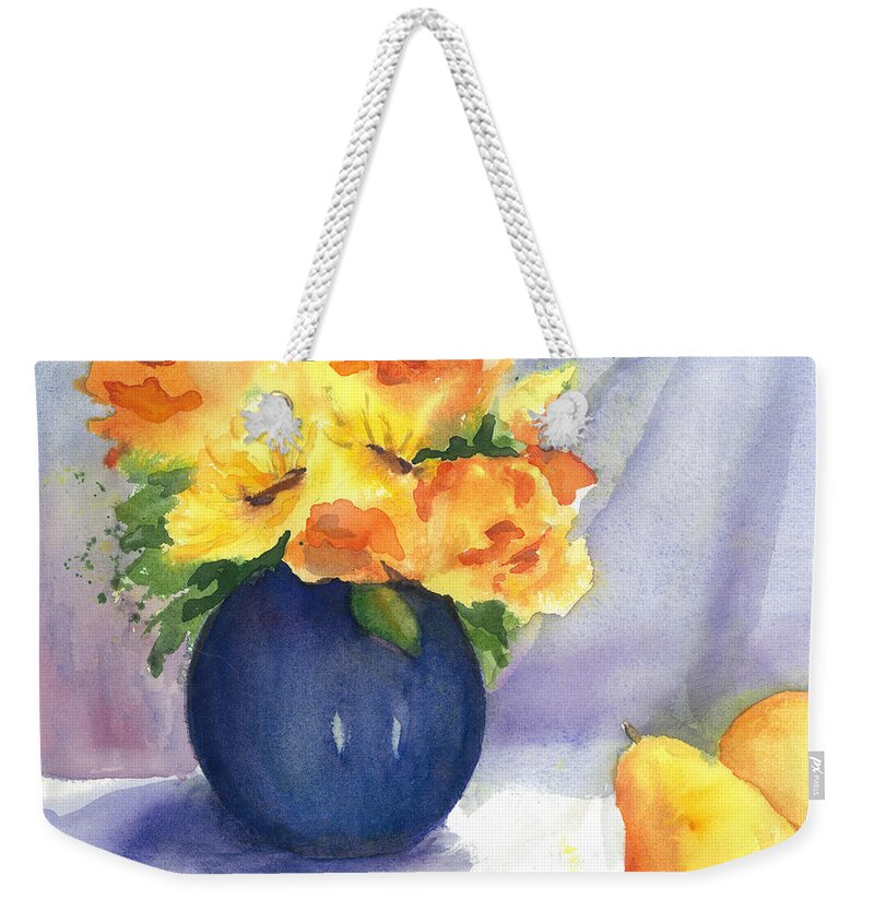 Sunflowers And Roses Weekender Tote Bag featuring the painting Roses and Sunflowers by Maria Hunt