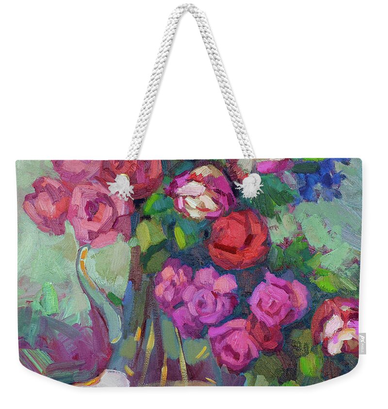 Roses Weekender Tote Bag featuring the painting Roses In Two Vases by Diane McClary