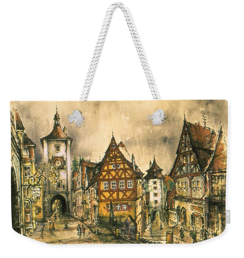 Art Weekender Tote Bag featuring the painting Rothenburg Bavaria Germany - Romantic Watercolor by Peter Potter