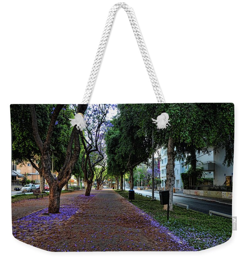 Foliage Weekender Tote Bag featuring the photograph Rothschild boulevard by Ron Shoshani
