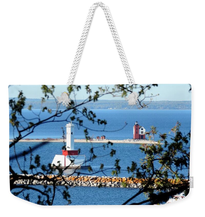 Lighthouses Weekender Tote Bag featuring the photograph Round Island Lighthouse and Round Island Passage Light by Keith Stokes