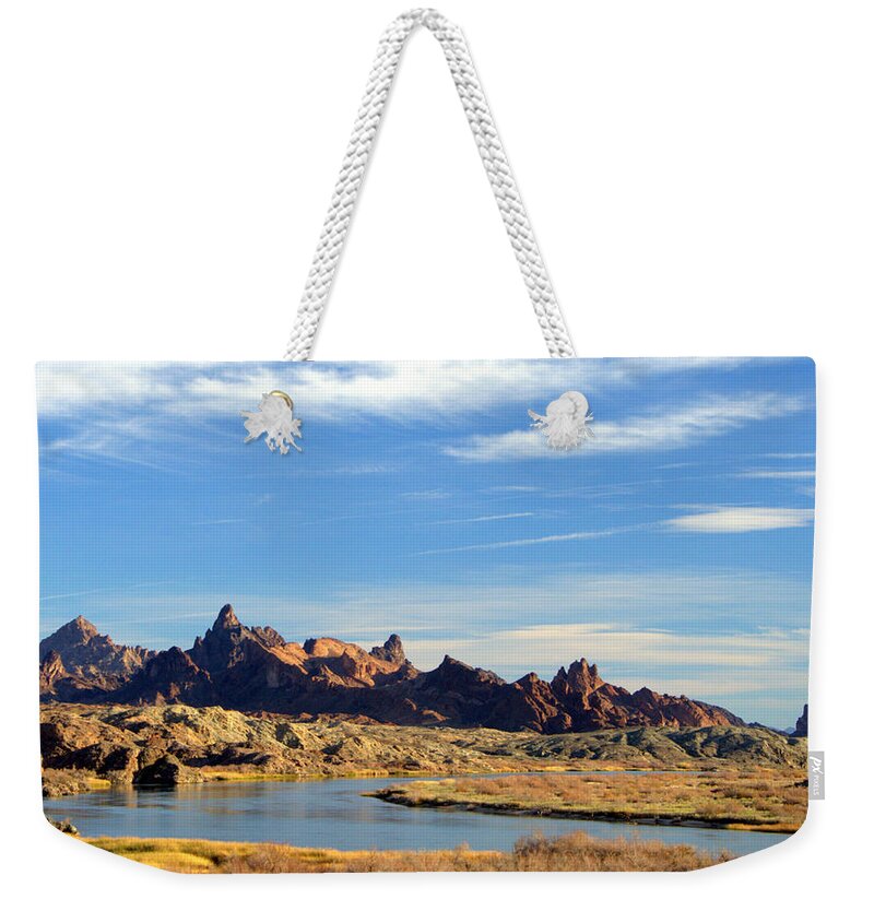 Needles Weekender Tote Bag featuring the photograph Route 66 Needles Mtn Range 2   Sold by Antonia Citrino