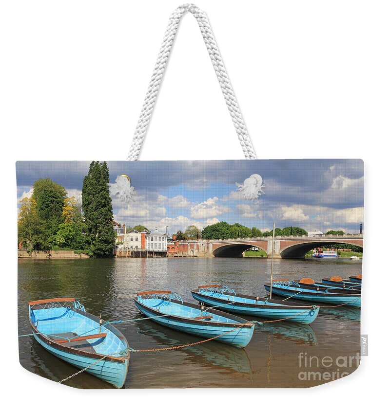 Boats At Hampton Court River Thames London Weekender Tote Bag featuring the photograph Rowing Boats at Hampton Court by Julia Gavin