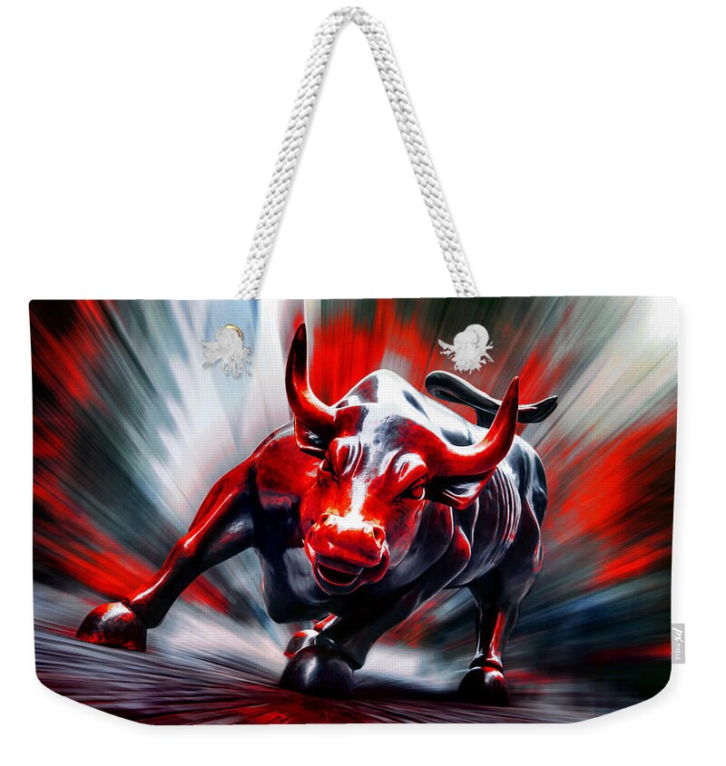 Wall Street Charging Bull In Red Weekender Tote Bag featuring the photograph Run by Az Jackson