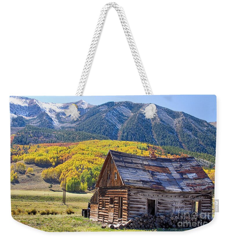 Aspens Weekender Tote Bag featuring the photograph Rustic Rural Colorado Cabin Autumn Landscape by James BO Insogna