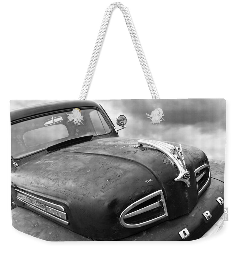 Ford Truck Weekender Tote Bag featuring the photograph Rusty 1948 Ford V8 in Black and White by Gill Billington