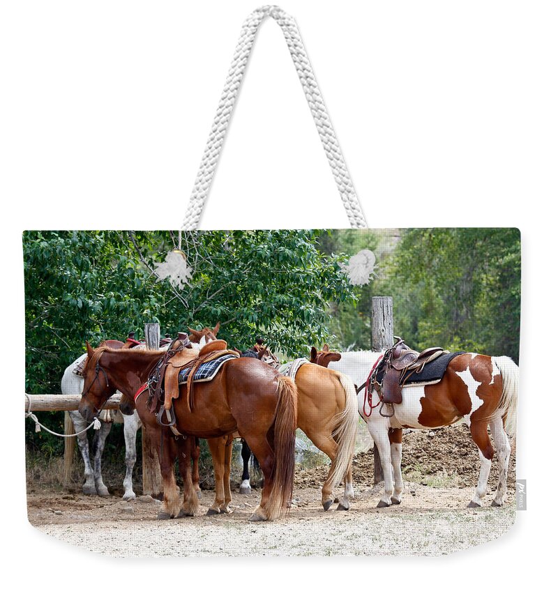 Horses Weekender Tote Bag featuring the photograph Saddled by Athena Mckinzie