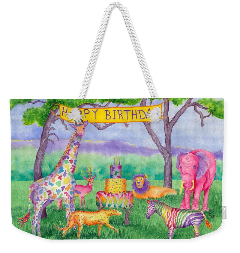Giraffe Weekender Tote Bag featuring the painting Safari Party by Rhonda Leonard