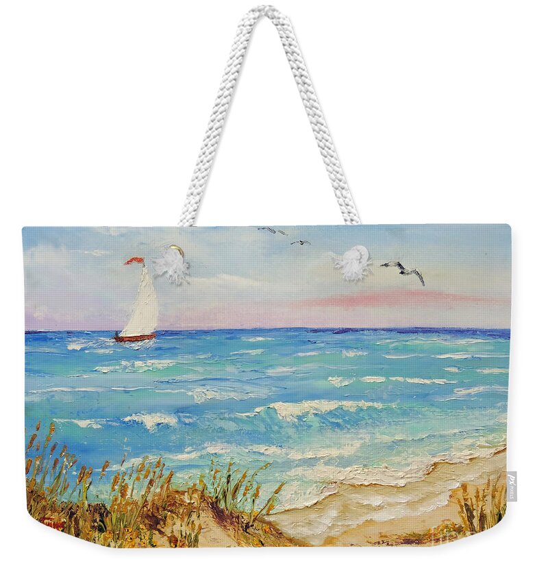 Sailboat Weekender Tote Bag featuring the painting Sailing by the Beach by Jimmie Bartlett
