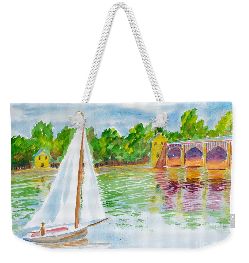Nature Weekender Tote Bag featuring the painting Sailing by the Bridge by Walt Brodis