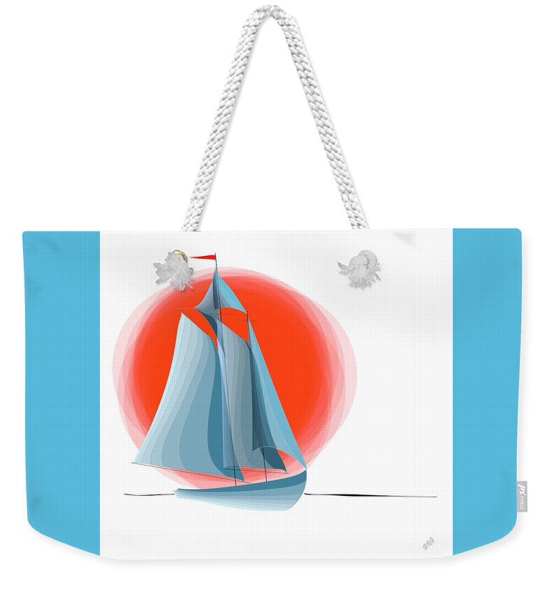 Nautical Weekender Tote Bag featuring the digital art Sailing Red Sun by Ben and Raisa Gertsberg