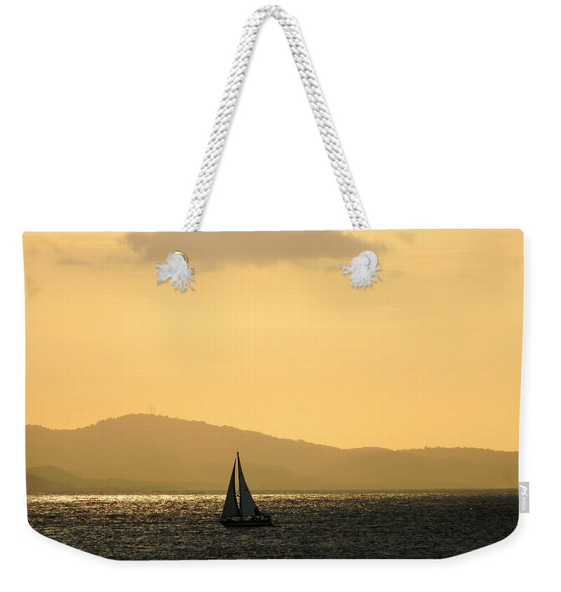 Sailboat Weekender Tote Bag featuring the photograph Sailing The Golden Sea by Debbie Oppermann