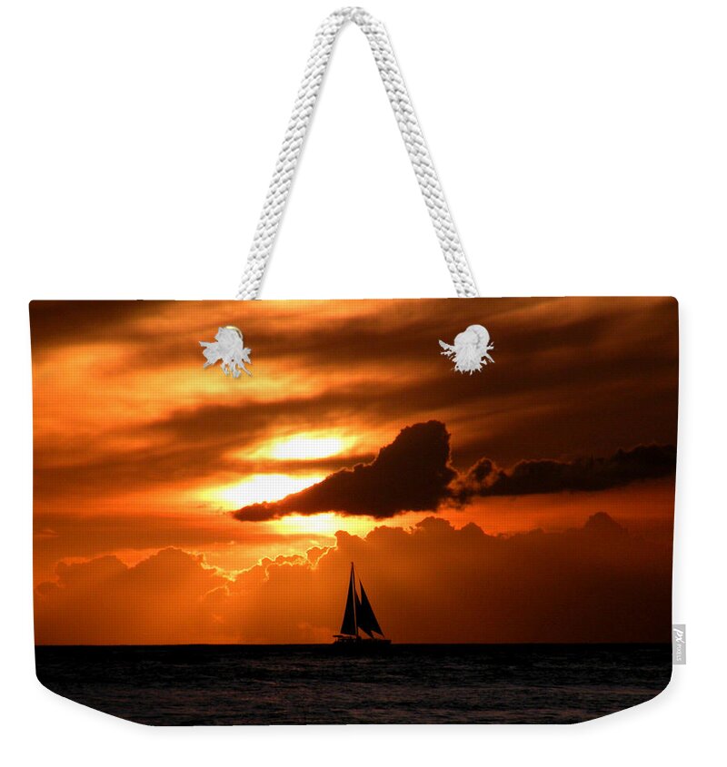 Sailboat Weekender Tote Bag featuring the photograph Sails in the Sunset by Micki Findlay