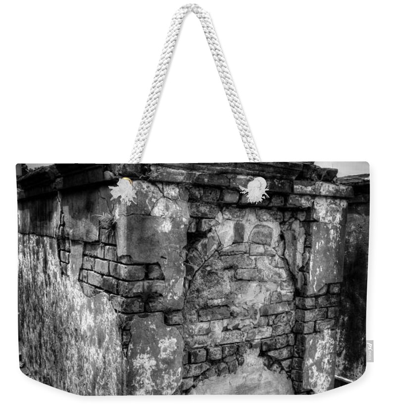 Saint Louis Cemetery Number 1 Weekender Tote Bag featuring the photograph Saint Louis Cemetery No. 1 Brick Grave in Black and White by Greg and Chrystal Mimbs