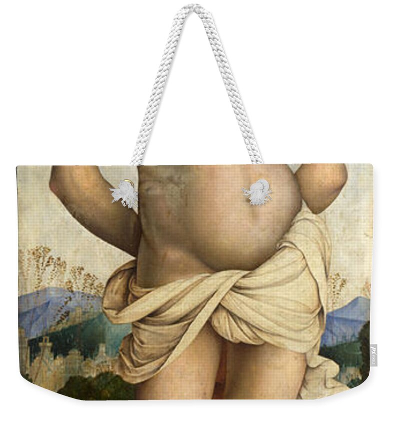 Bernardino Zaganelli Weekender Tote Bag featuring the painting Saint Sebastian by Bernardino Zaganelli