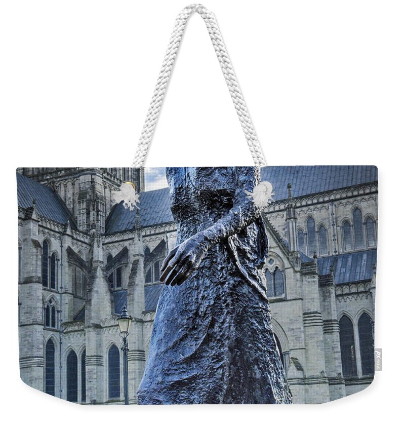 Salisbury Weekender Tote Bag featuring the photograph Salisbury Cathedral And The Walking Madonna 2 by Linsey Williams