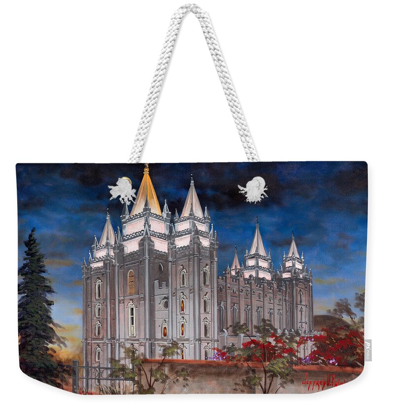 Temple Weekender Tote Bag featuring the painting Salt Lake Temple by Jeff Brimley