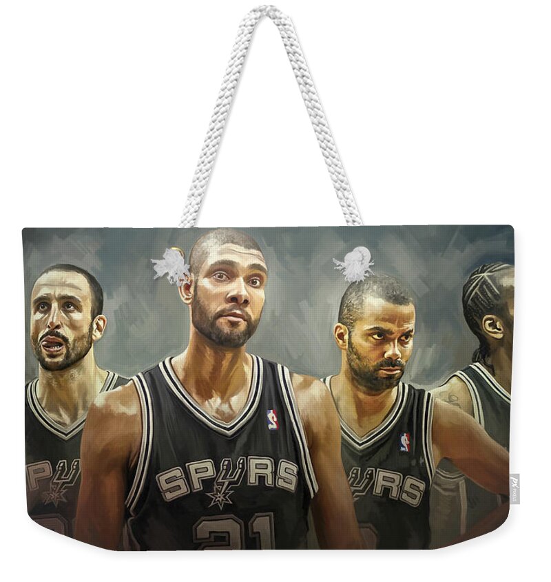 Tim Duncan Weekender Tote Bag featuring the painting San Antonio Spurs Artwork by Sheraz A