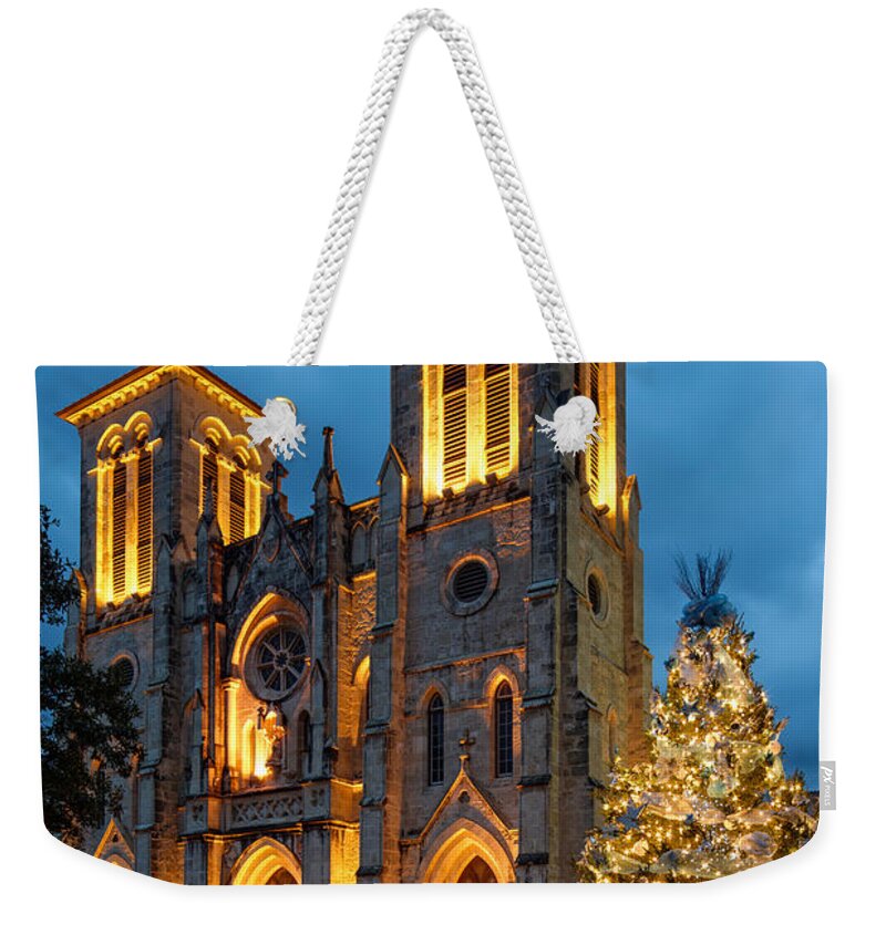 San Weekender Tote Bag featuring the photograph San Fernando Cathedral and Christmas Tree Main Plaza - San Antonio Texas by Silvio Ligutti