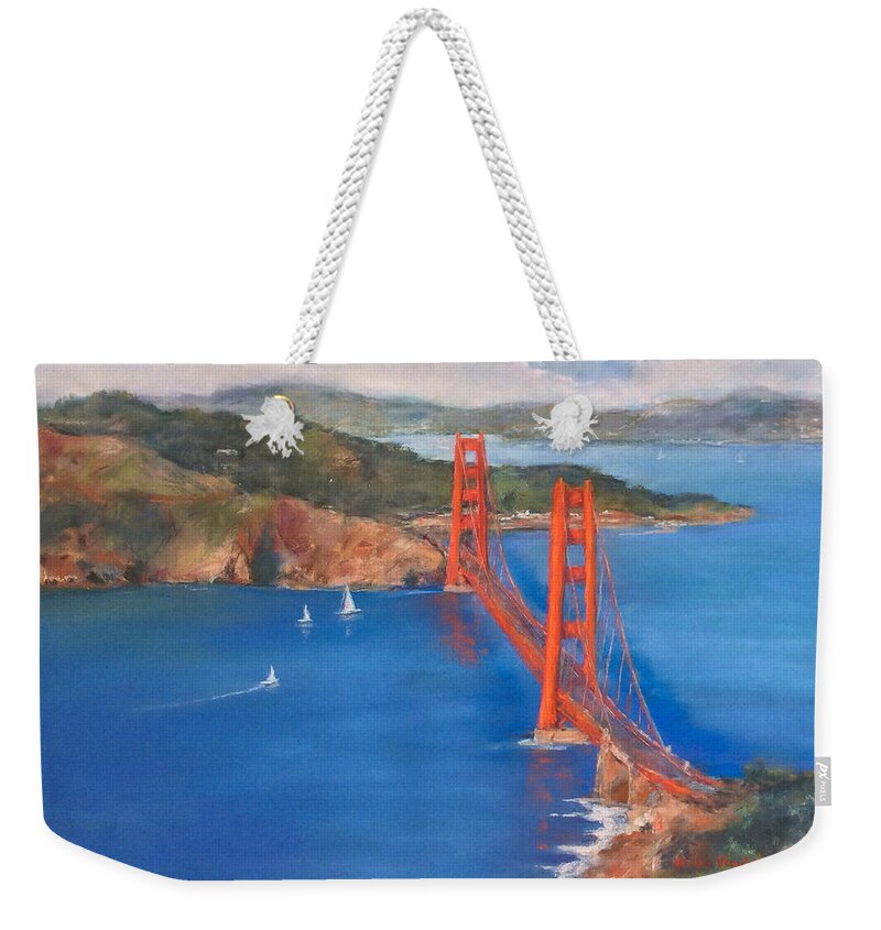 San Francisco Bay Bridge Weekender Tote Bag featuring the painting San Francisco Bay Bridge by Hilda Vandergriff