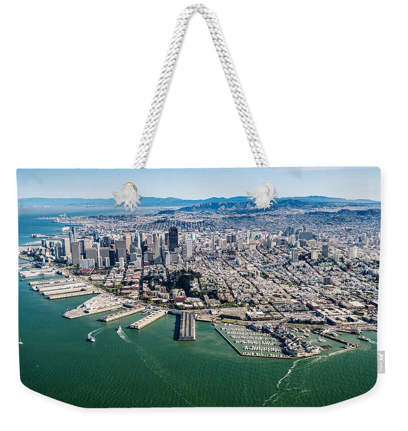 San Weekender Tote Bag featuring the photograph San Francisco Bay Piers Aloft by Steve Gadomski