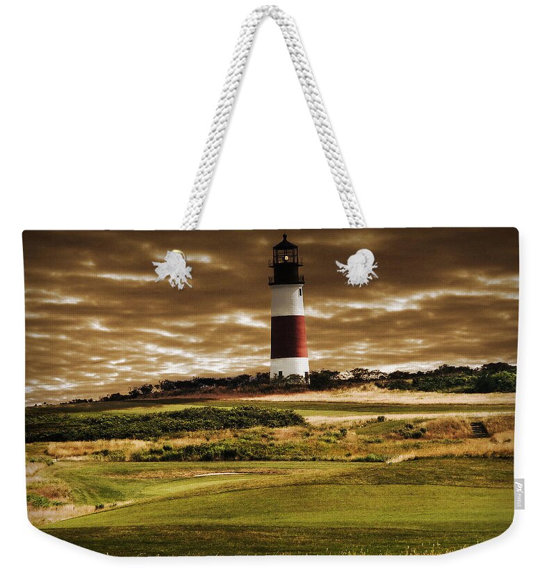 Great Landscape Weekender Tote Bag featuring the photograph Sankaty Head Lighthouse in Nantucket by Mitchell R Grosky