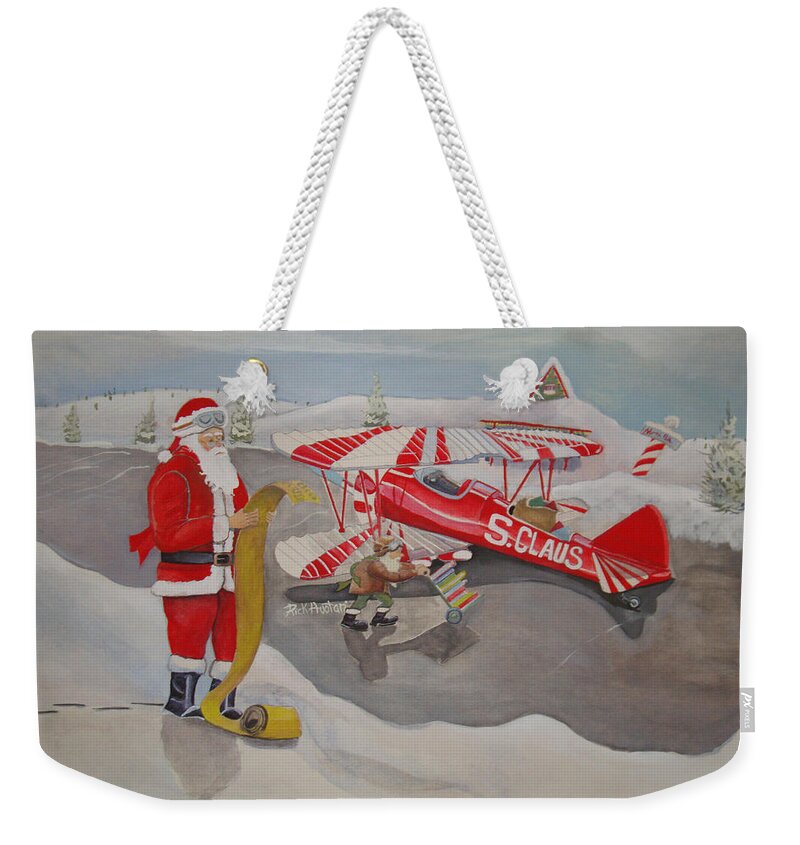 Rick Huotari Weekender Tote Bag featuring the painting Santa's Airport by Rick Huotari
