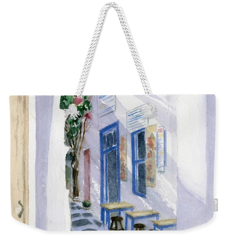 Santorini Weekender Tote Bag featuring the painting Santorini Cafe by Marsha Elliott