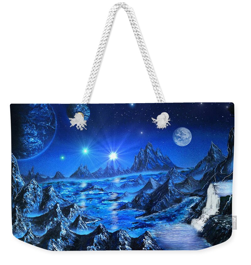 Space Art Weekender Tote Bag featuring the painting Sapphire Planet by Michael Rucker
