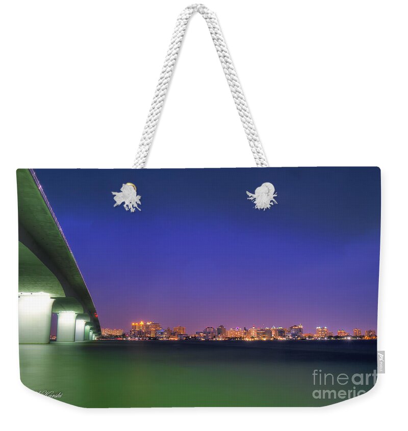 Fl Weekender Tote Bag featuring the photograph Sarasota Skyline and Ringling Causeway by Sue Karski