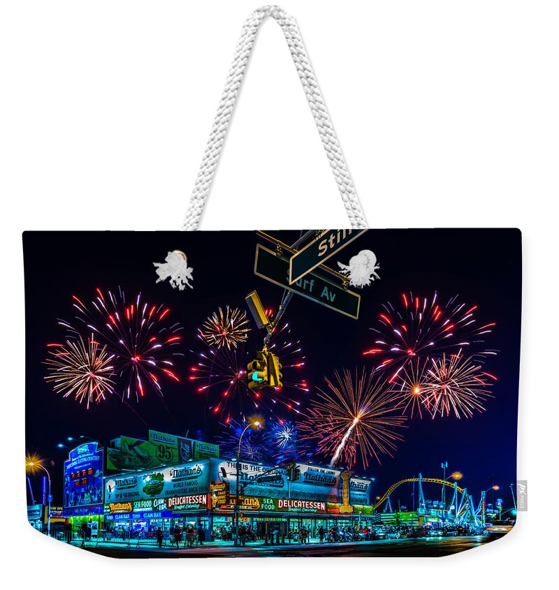 Fireworks Weekender Tote Bag featuring the photograph Saturday Night At Coney Island by Chris Lord