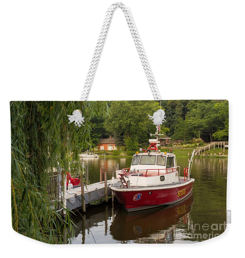 Fire Boat Weekender Tote Bag featuring the photograph Saugatuck Fire Boat by Amy Lucid