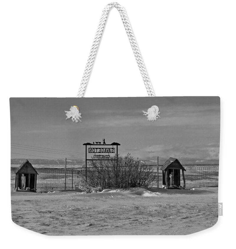 Black And White Weekender Tote Bag featuring the photograph Savageton Cemetery Wyoming by Cathy Anderson