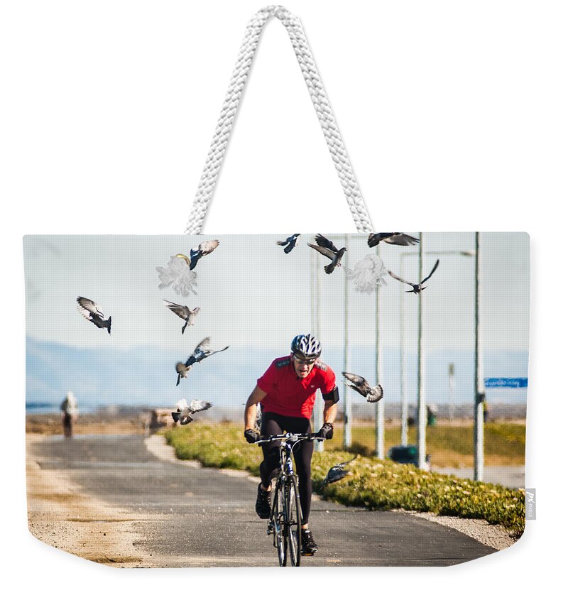 Bike Weekender Tote Bag featuring the photograph Scattering the Pigeons by Alex Lapidus