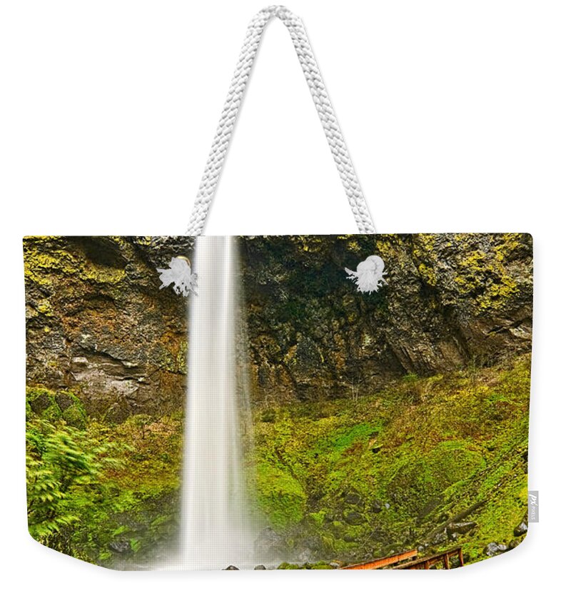 Elowah Falls Weekender Tote Bag featuring the photograph Scenic Elowah Falls in the Columbia River Gorge in Oregon by Jamie Pham