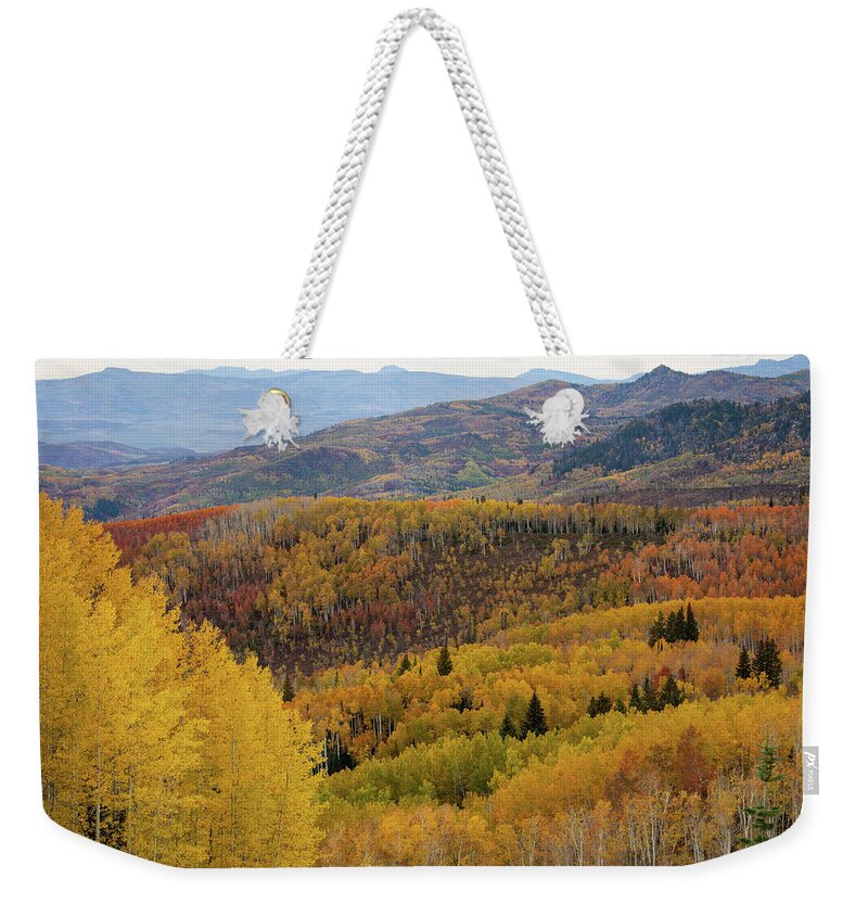 Scenics Weekender Tote Bag featuring the photograph Scenic Overlook With Fall Colors by Karen Desjardin