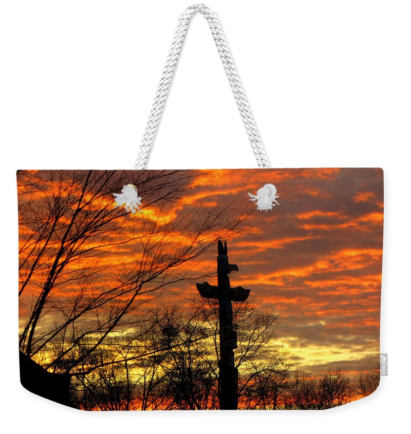 Sunrise Weekender Tote Bag featuring the photograph School Totem Pole Sunrise by Sarah Gage