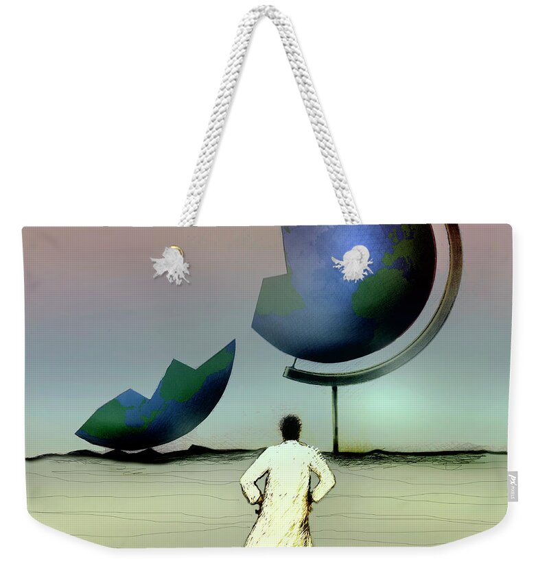 Adult Weekender Tote Bag featuring the photograph Scientist Looking At Broken Globe by Ikon Ikon Images